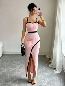 Abito <span class=keywords><strong>Lungo</strong></span> Elegante Premium con Spalline Sottili e Bordatura a Contrasto, <span class=keywords><strong>Vestito</strong></span> Aderente da Donna a Vita Alta con Dettagli Arricciati e <span class=keywords><strong>Spacco</strong></span> Laterale, Ideale per Invitate a Matrimoni - Product Image 2
