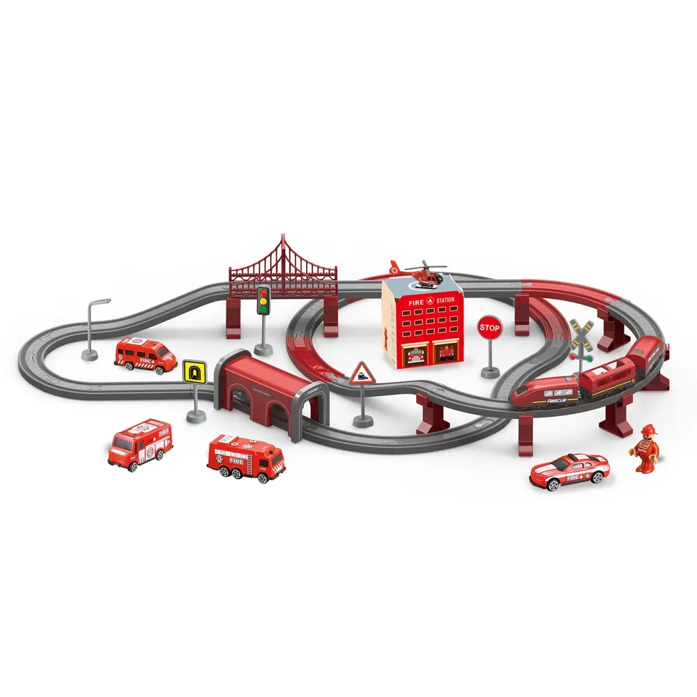 2021 nueva llegada niños camión de bomberos de los ferrocarriles pistas diy juguetes de ranura de juguete para niños <span class=keywords><strong>tren</strong></span> pistas amazon producto caliente