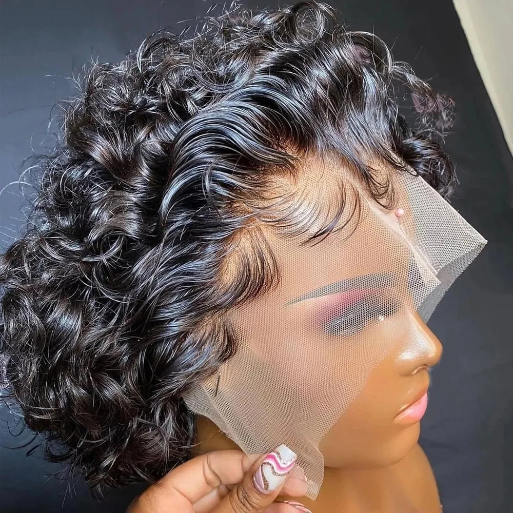 YL Free Shipping Black Pixie Cut Wigs Short Ombre Bob Curly Lace Frontal Human Hair Wig Transparent Front Lace Wig For Women