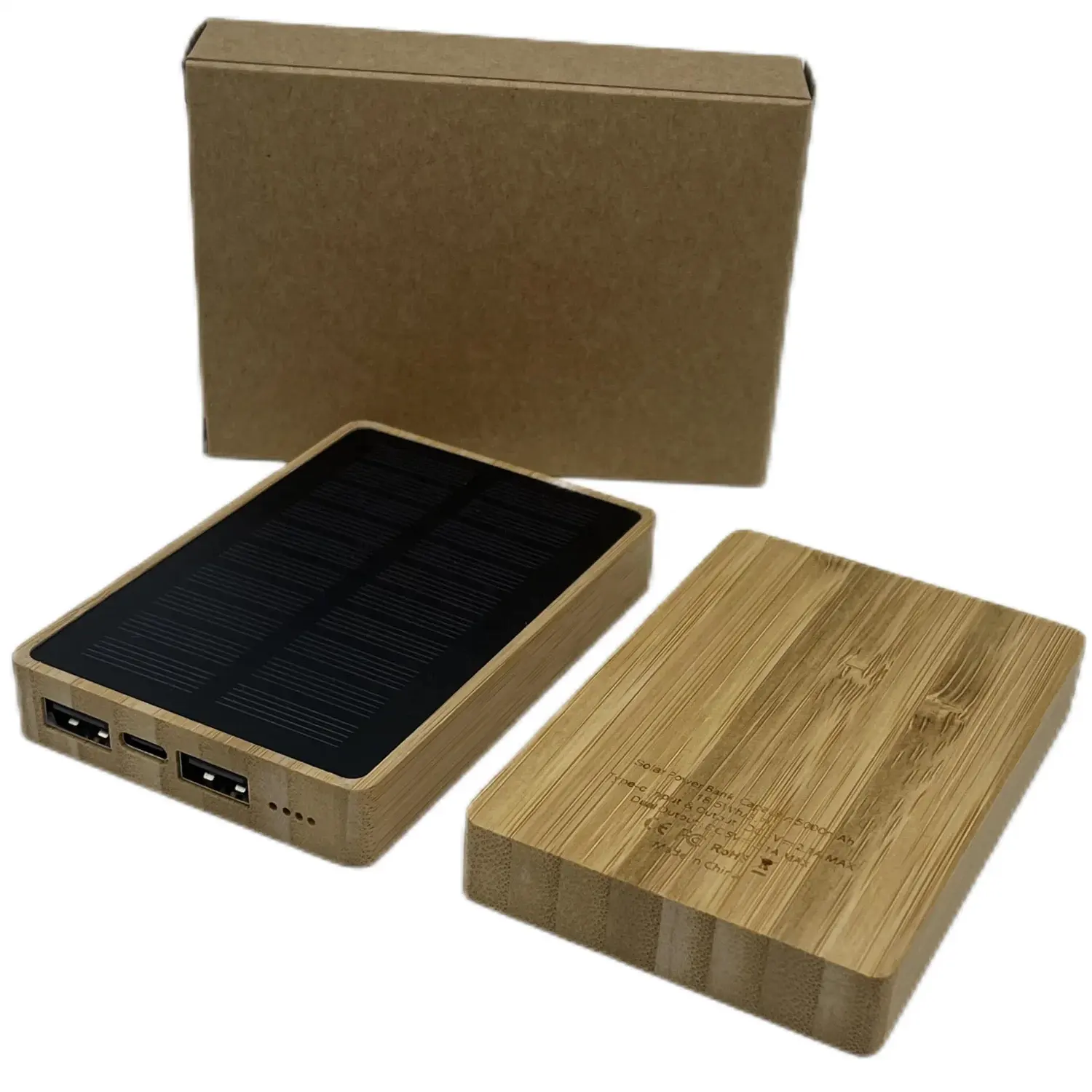 Melhor qualidade FSC fábrica ECO-friendly natureza bambu energia solar banco mini portátil 5000mAh carregador Solar com USB-C output