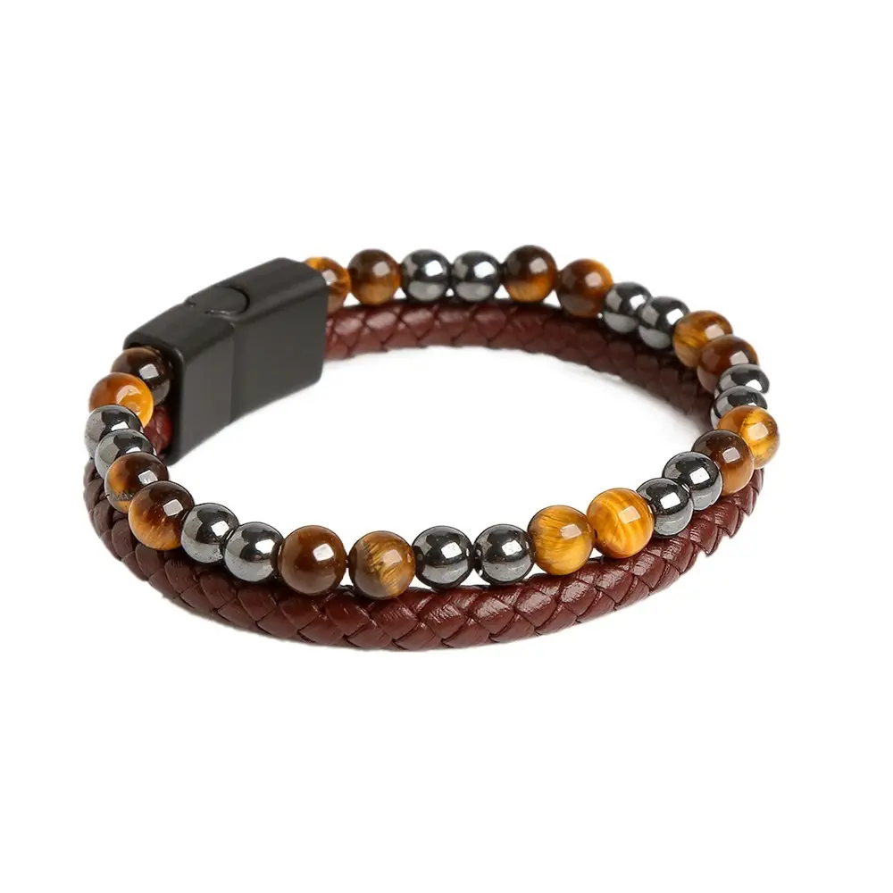 Woven Tiger Eye natural stone volcanic rock Men's bracelet leather bead bracelet