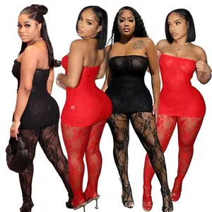 Black Red Lace See Through 2 Piece Women'S Dress Set Strapless Dress With Mesh Pantyhose Club Matching Sets Sexy Outfits Women