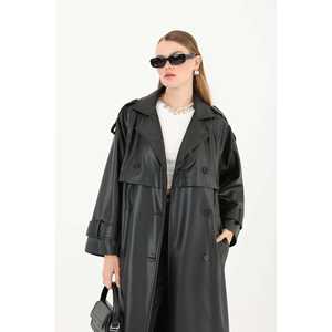 Abrigo largo de cuero genuino para mujer, negro, impermeable, informal, de manga larga, estilo tejido. - Product Image 1