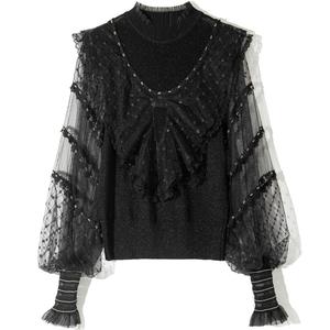 I più nuovi maglioni stile moda 2023 primavera estate autunno top donna <span class=keywords><strong>Tulle</strong></span> <span class=keywords><strong>maglia</strong></span> ricamo Deco manica lunga rosso nero bianco top - Product Image 5