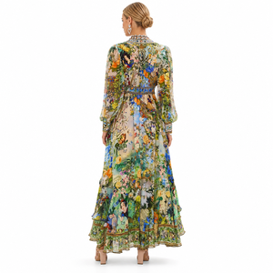 Abito <span class=keywords><strong>Lungo</strong></span> da Donna con Scollo a V, <span class=keywords><strong>Maniche</strong></span> a Lanterna, Stampa Floreale di Lusso, in Chiffon, Stile Boho Chic Elegante - Product Image 2