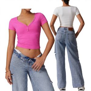 Camiseta de Mujer de Verano Vintage, Informal, Versátil, Simple, Cómoda, de Secado Rápido, Cuello en V, Manga Corta, Precio Económico de Fábrica - Product Image 4