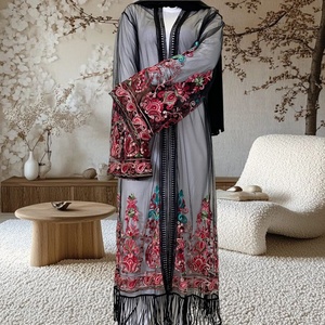 9.9 Big Sale Open Abaya Breathable Mesh With Flowers Embroidery With Tassel Bottom Modest Muslim Dubai Women Abaya No Inner 1904 - Product Image 5