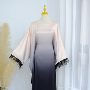 Vente chaude manches chauve-souris grande taille femmes robes Satin moyen-orient arabe musulman Ombre dégradé plume élégante robe caftan - Product Image 3