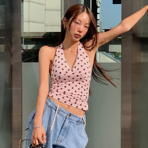 Top court d'été à imprimé pois, col halter en V, coupe ajustée, mignon, sexy, sans manches, dos nu pour femme - Product Image 5