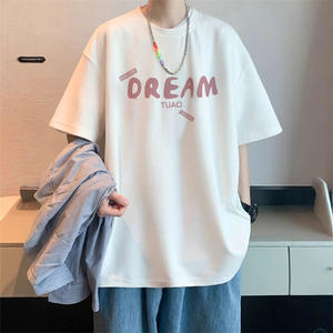 100% Cotton Beaded O-Neck <b>Short</b> <b>Sleeve</b> Men's Summer Letter Print Trendy <b>White</b> <b>Shirt</b> Top for Cool Teenagers - Product Image 1