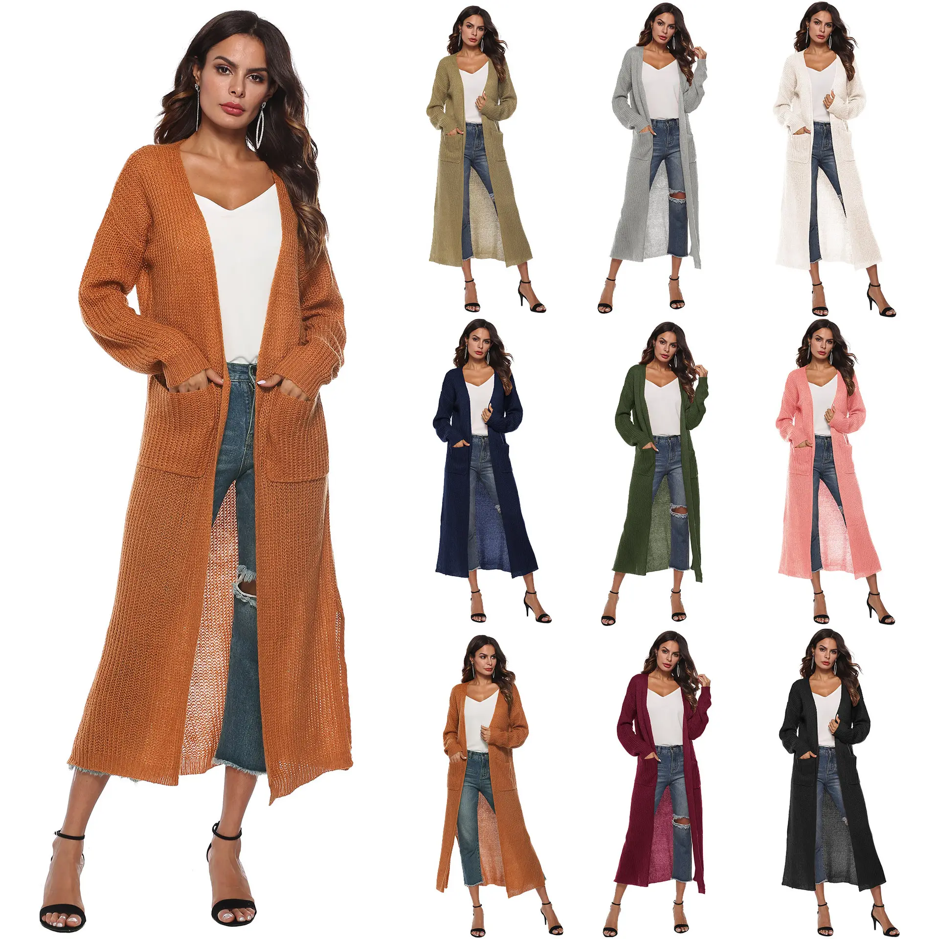 High Quality Fashion Women Pocket Cardigans for Ladies Knit Long Cardigan Sweater