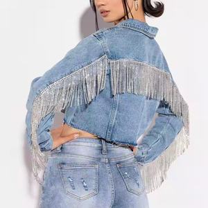 Nouvelle conception de veste pour femme automne, veste personnalisée avec strass, veste en jean courte vintage délavée à l'acide, ensemble OOTD - Product Image 1