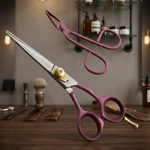 Ciseaux à cheveux professionnels ASAP en acier au carbone écologique à lame droite pour droitiers, manche moyen, avec pince assortie, violet - Product Image 5