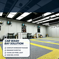 Ensemble complet d'équipements pour station de lavage automobile : dalles de sol drainantes emboîtables, éclairage LED et dévidoir de tuyau pour atelier de detailing automobile
