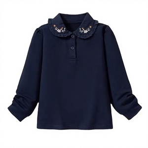 Chemise polo à manches longues pour filles, col Peter Pan, broderie florale, style décontracté, respirant, tissu tricoté 100% coton, bleu marine - Product Image 1