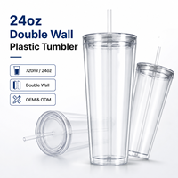 Gobelet réutilisable personnalisé en gros de 24 oz en plastique PC transparent à double paroi avec couvercle et paille, tasse à café glacé réutilisable