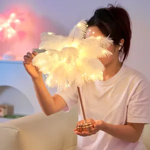 Modern Romantic Desk Lamp with USB Rechargeable Built Standing Feather Table Ostrich Feather Lamp Night Light