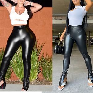 Taglie forti Leggings in pelle a vita alta da donna nero lucido sottile Femme Fitness PU <span class=keywords><strong>Leggins</strong></span> pantaloni svasati Sexy a fasciatura rovesciata - Product Image 3