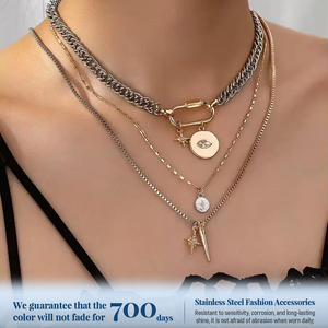 Joyería con Pedrería al por Mayor Set de Collar y Pulsera de Acero Inoxidable para Mujer con Cadena de Eslabones Multicapa Dijes de Aleación y Mosquetón Abierto - Product Image 1