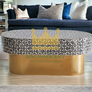 Mesa de centro ovalada con incrustaciones de madreperla en blanco y negro, mesa central de mosaico de concha hecha a mano, diseño personalizado - Product Image 1