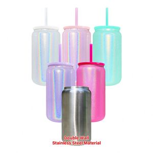 Coffee Blank Sublimation Shimmer Colorful Glitter Stainless Steel 16Oz Beer Can <b>Cups</b> With <b>Lids</b> <b>and</b> <b>Straws</b> - Product Image 4