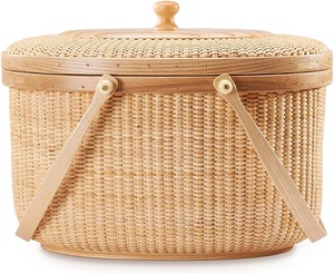 Cesta de mimbre de fresno duro con tapa y asas de madera, cesta artesanal con doble asa de madera, cesta de picnic para exteriores - Product Image 1