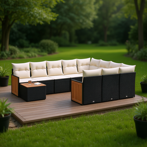 Conjunto de Sofás de Jardín de Ratán Negro para 6 Personas, Muebles de Exterior Resistentes a la Intemperie, Diseño Contemporáneo con Detalles en Madera de Teca - Product Image 2