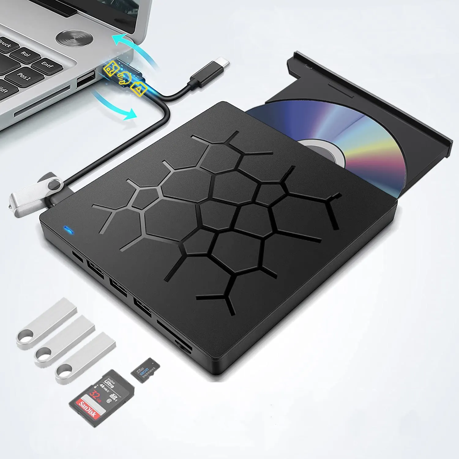 CD/DVD Drive eksternal untuk Laptop, penulis DVD Drive eksternal ramping portabel 7 in 1 USB 3.0, pembakar CD ROM secara optik