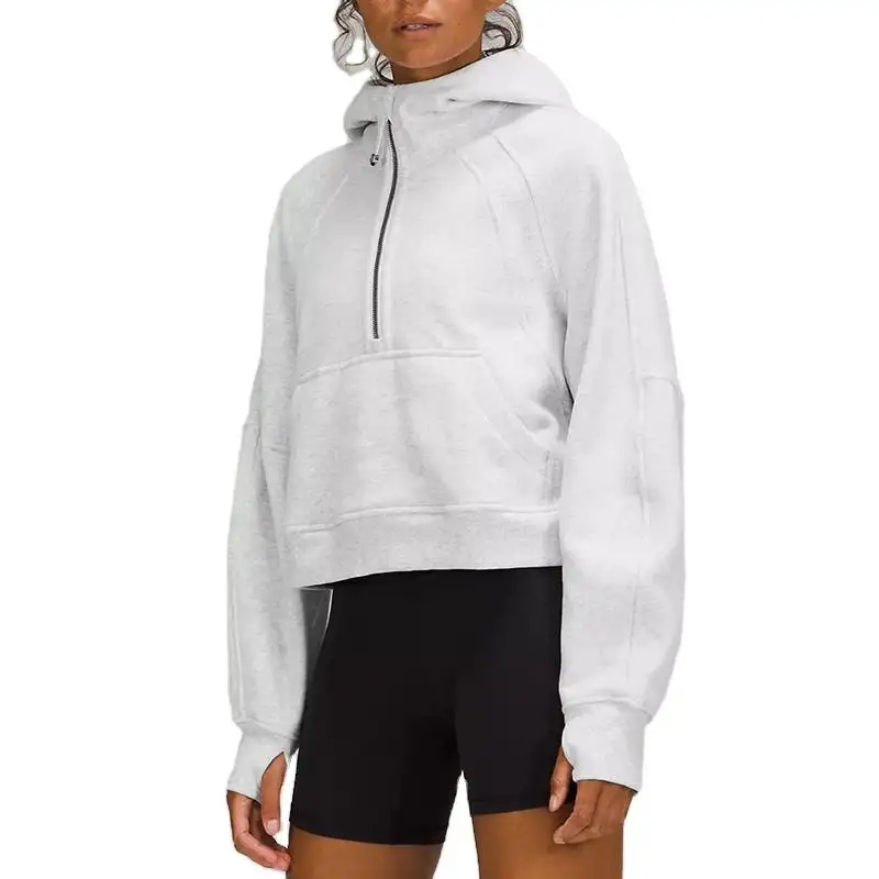 Hoge Kwaliteit Streetwear Kleding Sport Fitness Lange Mouw Half Zip Katoen Crop Top Hoodies Voor Vrouwen