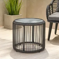 Table d'appoint ronde en aluminium de petite taille fabriquée en usine, table basse en rotin synthétique pour patio, pour appartement, avec verre trempé