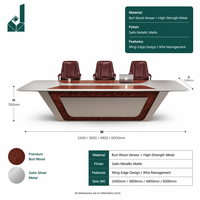 Table de réunion de direction en bois de placage et argent satiné avec bordure en aile d'ange, base conique et gestion des câbles pour bureau d'entreprise