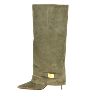 Bottes hautes pliables en daim pour femme à talon aiguille fin, bout pointu, avec détails métalliques, style stiletto - Product Image 1