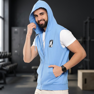 100% Cotton Solid Slim Fit Hooded Fleece Zip-Up <b>Sleeveless</b> <b>Hoodie</b> Men's Gym Wear with Zipper Winter Fitness Jacket - Product Image 3