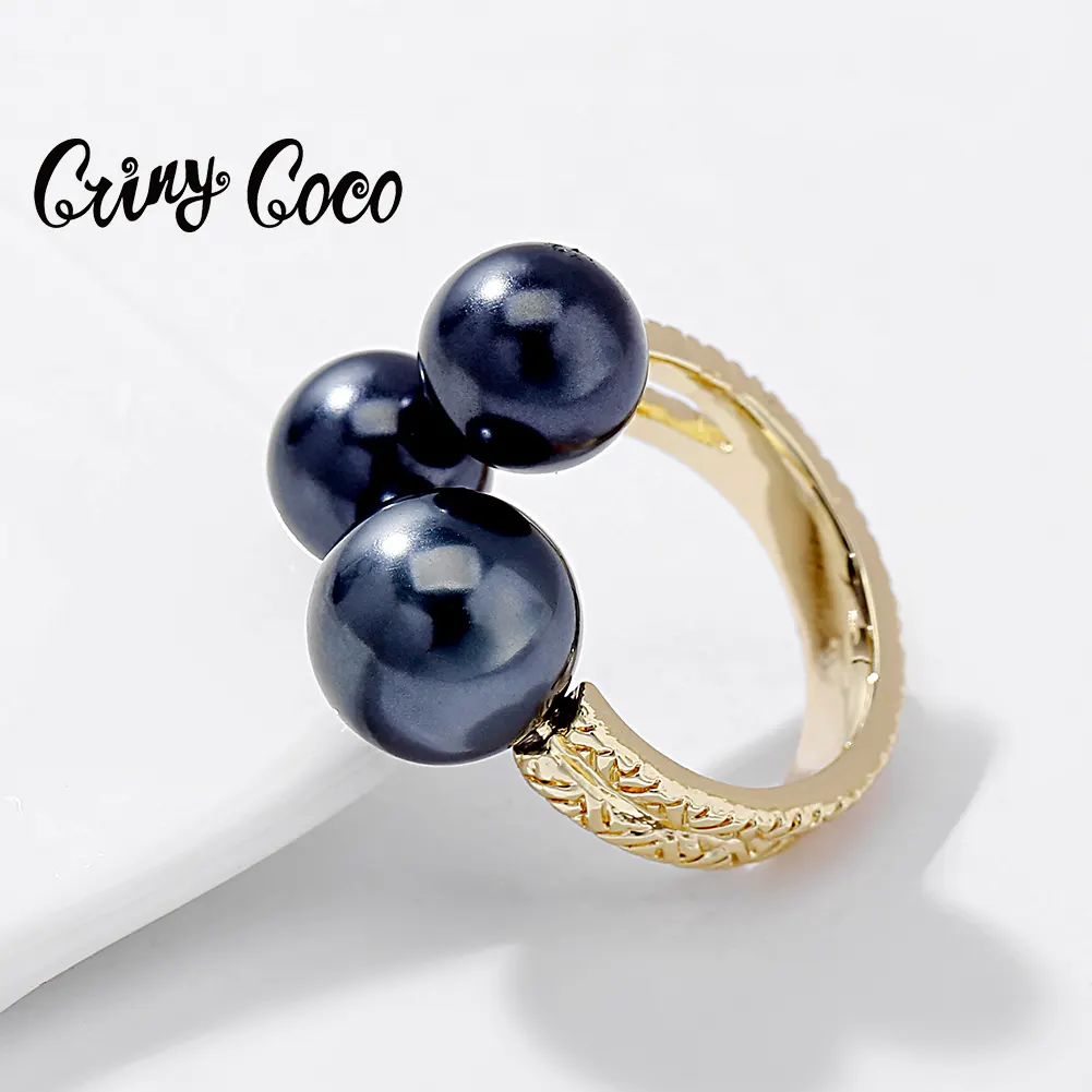 Cring Coco Fashion Colorful Fashion Crystal 14k Gold Plated Engagement Jewelry Black Pearl Hawaiian Rings for Women Girls Alloy