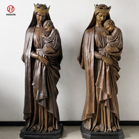 Statue en bronze grandeur nature de la Vierge Marie et de l'Enfant Jésus éveillé, sur base en pierre antique, décoration de jardin