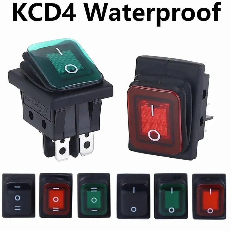 ON OFF KCD4 waterproof and oil proof switch four feet 2 file red green with lights six foot rocker power switch LED 12V 220V