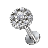 Anting-anting titanium ASTM F136 model bunga berlubang dengan CZ, ulir dalam, untuk tindik tulang rawan telinga, helix, dan tragus.