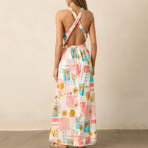 Vestido halter con cuello en V, estampado tropical multicolor rosa playa, hecho a medida, vestido de playa de rayón lujoso para mujer - Product Image 4