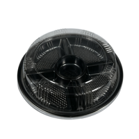 Plateau de service rond noir en PET de qualité alimentaire pour noix et fruits secs, boîte à compartiments, plateau à bonbons en plastique à 5 compartiments avec couvercle transparent