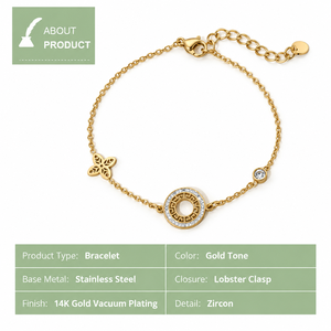 Pulsera de Acero Inoxidable con Diseño de Llave Griega Dorada y Zirconia, Baño de Oro de 14K al Vacío, Cadena con Acentos Florales - Product Image 2