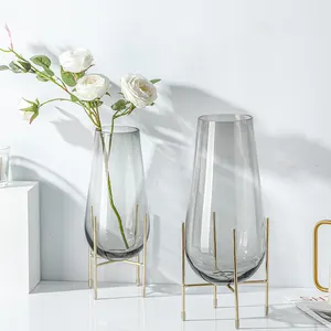 Glass Nordic Vase with Iron Stand by for Home Exim Floor Vase Flower Vases Handmade Clear Transparent Mouth Blown 100% Handmade