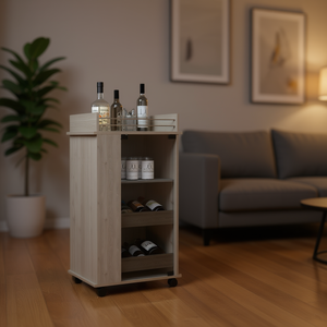 Carrello Bar Lusk con Porta in Vetro, Portabottiglie per 2 Bottiglie, Set Moderno per Servire Bevande, in Legno con Ruote - Product Image 2