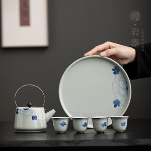 Service à thé Kung Fu en céramique, un pot et quatre tasses, peint à la main, motif pivoine, poignée en cuivre, poterie Dehua, style simple, réutilisable, cadeau pour les aînés - Product Image 4