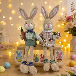 Figurine de lapin en peluche douce de dessin animé, couple de lapins de Pâques, décor de maison printanier, avec pot de fleurs en forme de carotte, vente en gros - Product Image 3