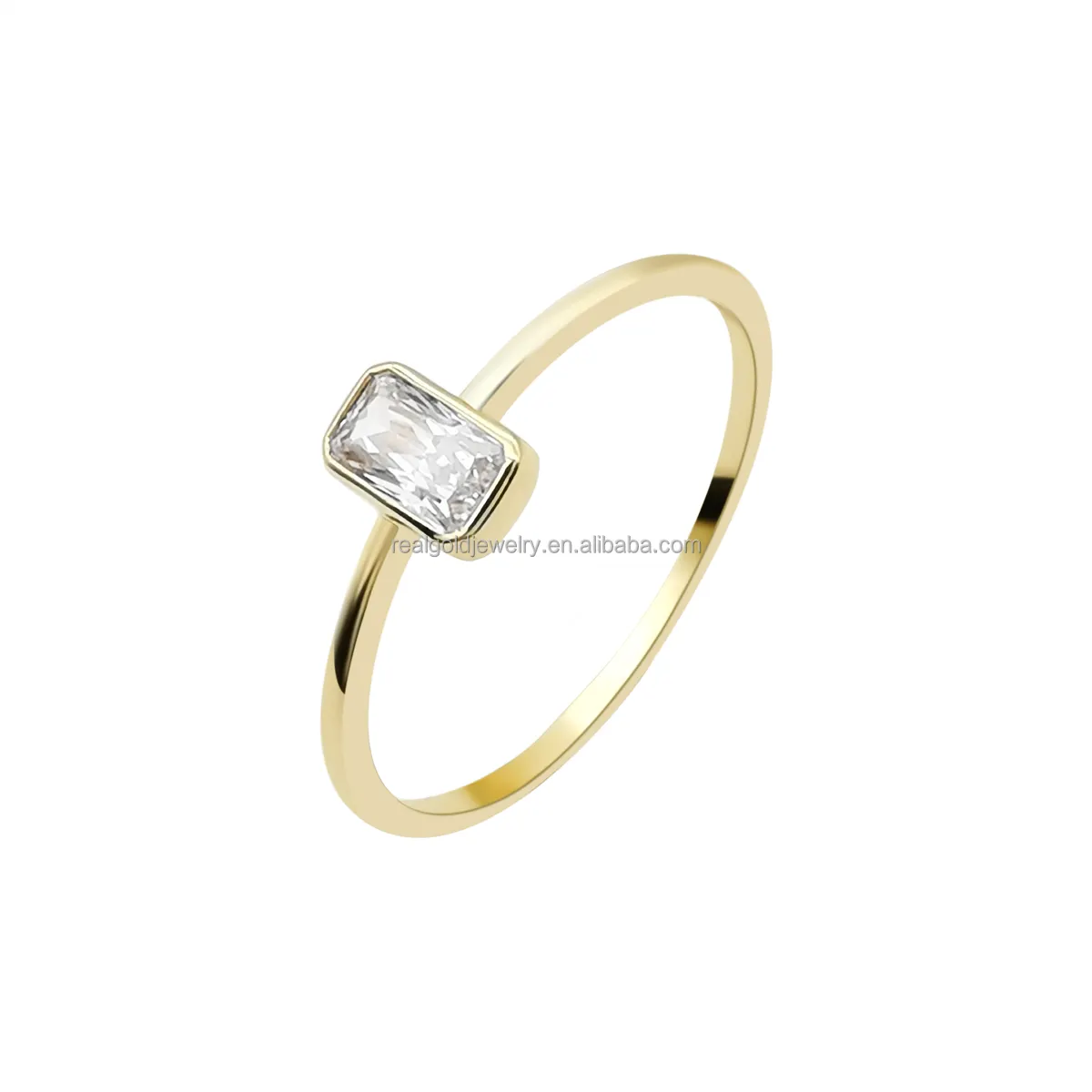 Trendy Real Gold Small Pinkie Rings Simple Designed Solitaire Emerald Cut Cubic Zircon 14K Pure Solid Rings