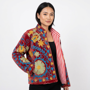 <b>Women's</b> Maroon <b>Velvet</b> Cotton Woven Embroidered Eco-Friendly Quick Dry Floral Pattern Striped Lining Full Sleeve Autumn <b>Coat</b> - Product Image 1
