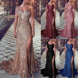 2020 ultime donne di moda partito elegante Sexy una spalla alta fessura abito lungo da ballo Plus Size paillettes Maxi abiti da sera