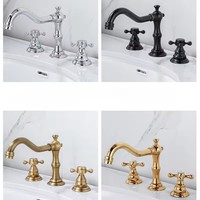 Robinet de lavabo antique en laiton, robinet de salle de bain à 3 trous, double poignée, eau chaude et froide, pour vente en gros OEM