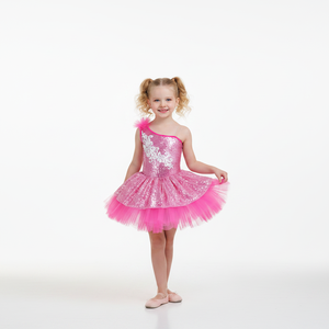 Children's Pink Sequin One-Shoulder Ballet Tutu Dress Girls Sparkly Jazz/Tap Dance Costume Kids TV movie Performance Wear - Product Image 2