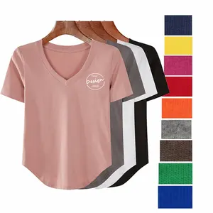 Camiseta de algodão para moças, camiseta de moda personalizada para senhoras, fundo redondo, estampa de tela, luxuosa, bainha curvada, gola em v, em massa